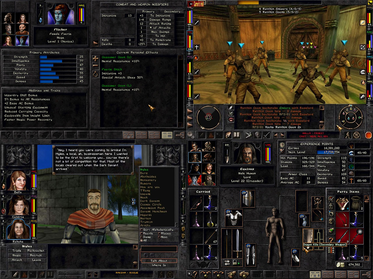 composite image consisting of several views of wizardry 8's user interface